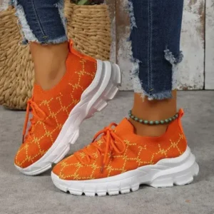 Reyanfootwear Women Fashion Plus Size Casual Flying Woven Lace-Up Round Toe Sneakers