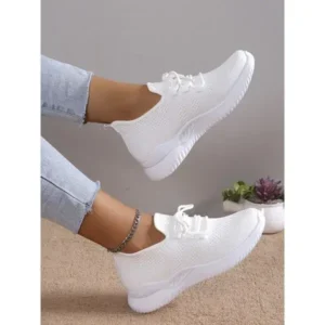 Reyanfootwear Summer Women Fashion Breathable Mesh Fly-Woven Solid Color Sneakers