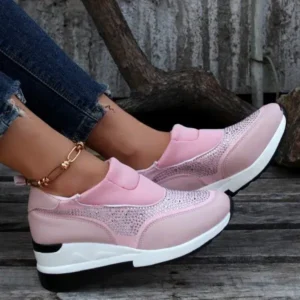 Reyanfootwear Women Fashion Casual Rhinestone Breathable Wedge Heel Sneakers