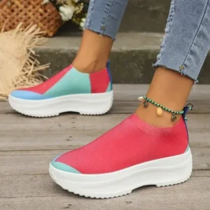 Reyanfootwear Women Fashion Casual Color Blocking Fly-Woven Thick-Soled Sneakers