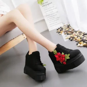 Reyanfootwear Women Fashion Casual PU Floral Printed Thick-Soled Lace-Up Canvas Sneakers