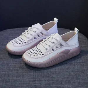 Reyanfootwear Women Fashion Casual Solid Color PU Lace-Up Hollow Breathable Sneakers