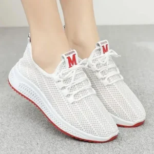 Reyanfootwear Women Fashion Mesh Solid Color Lace-Up Sneakers