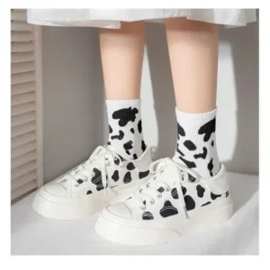 Reyanfootwear Women Fashion Platform Cute Cow Pattern Lace-Up Sneakers