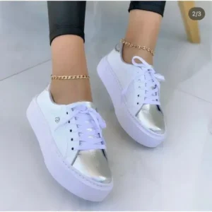 Reyanfootwear Women Fashionable Round Toe Lace-Up Sneakers