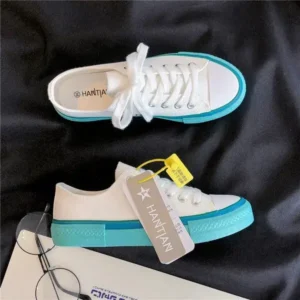 Reyanfootwear Women Fashion Cream Blue Canvas Lace-Up Sneakers