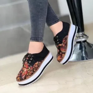 Reyanfootwear Women Fashion Pattern Canvas Flat Lace-Up Sneakers