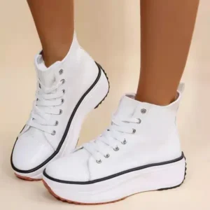 Reyanfootwear Women Fashion Platform Round Toe Canvas Lace Up Sneakers