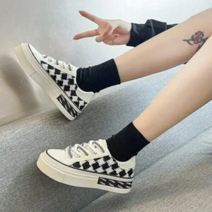 Reyanfootwear Women Fashion Platform Checkerboard Canvas Sneakers