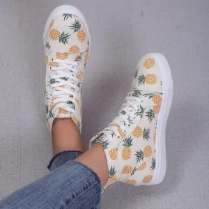 Reyanfootwear Women Fashion Round Toe Lace-Up Pineapple Strawberry Flat Sneakers