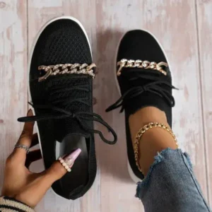 Reyanfootwear Women Fashion Round Toe Rhinestone Metal Decoration Lace-Up Mesh Sneakers